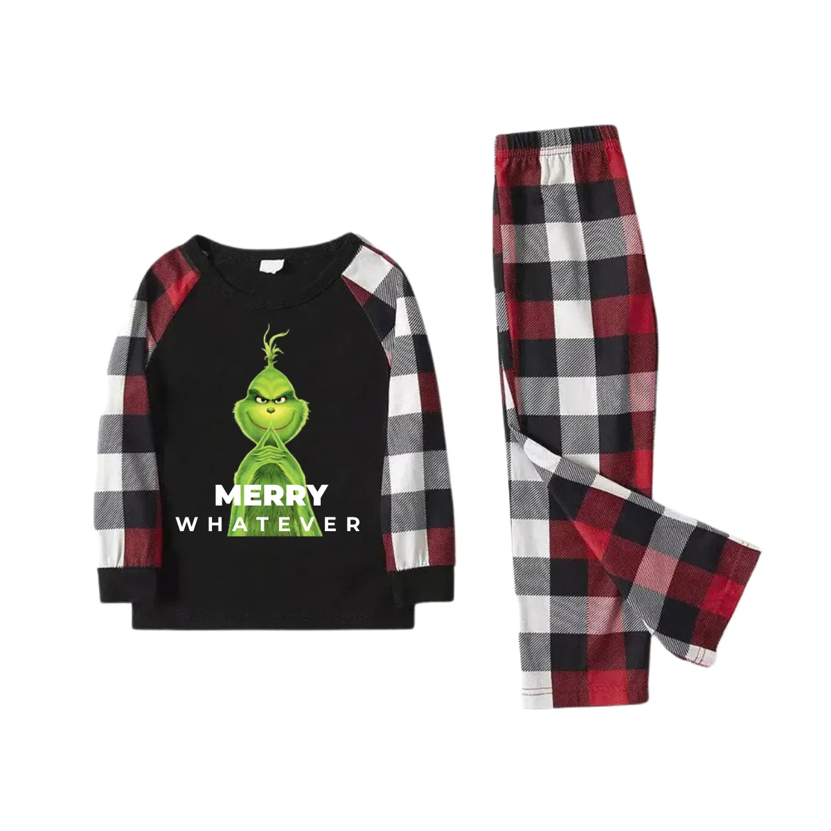 Cute Cartoon Pattern and "Merry Whatever" Slogan Printed Contrast Black Top Red&Black&White Plaid Pants Family Matching Pajamas