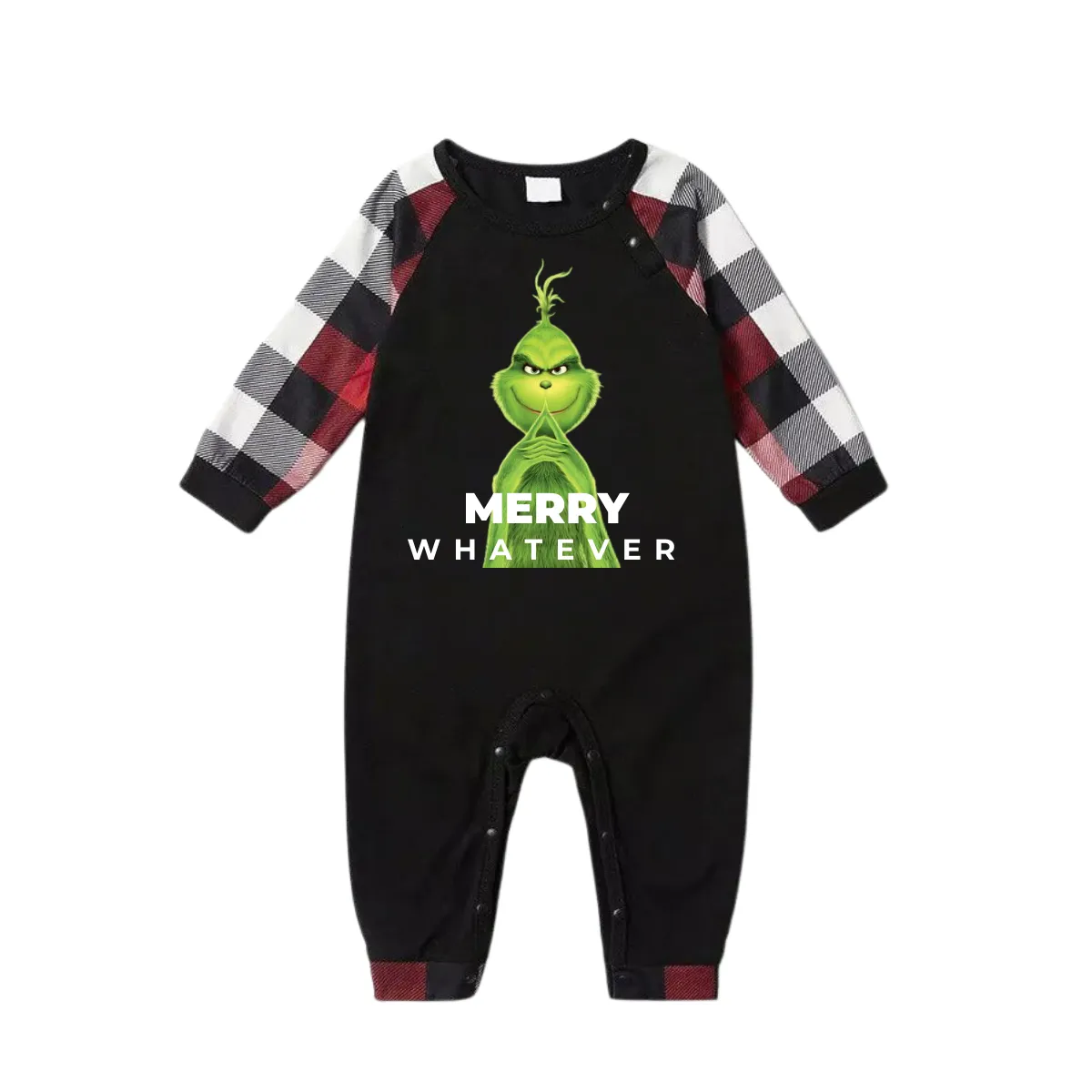 Cute Cartoon Pattern and "Merry Whatever" Slogan Printed Contrast Black Top Red&Black&White Plaid Pants Family Matching Pajamas