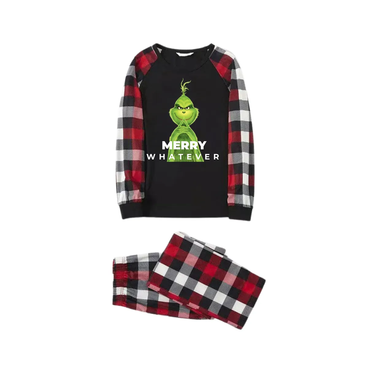 Cute Cartoon Pattern and "Merry Whatever" Slogan Printed Contrast Black Top Red&Black&White Plaid Pants Family Matching Pajamas