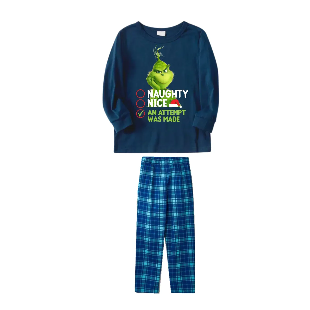 Cute Cartoon Pattern and Slogan Text Printed Blue Plaid Christmas Matching Pajamas