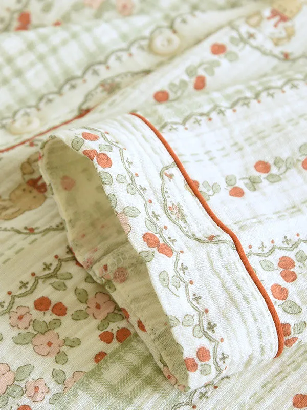 Cute Cartoon Rabbit & Floral Print Pajama Set