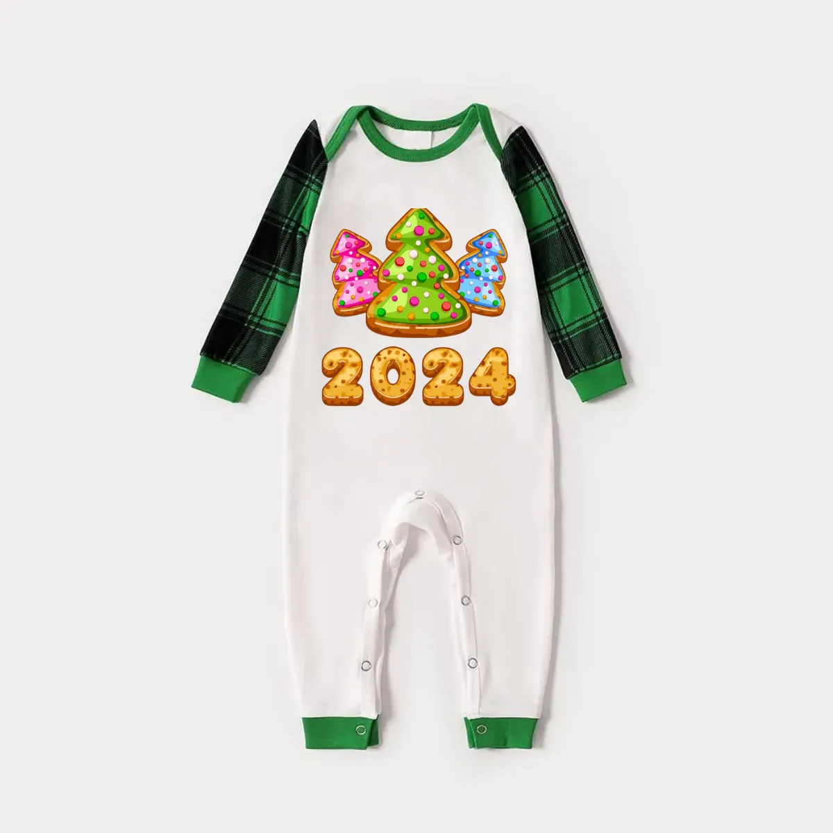 Cute Christmas Tree and 2024 Print Long Sleeve Top With Green & Black Plaid Christmas Matching Pajamas