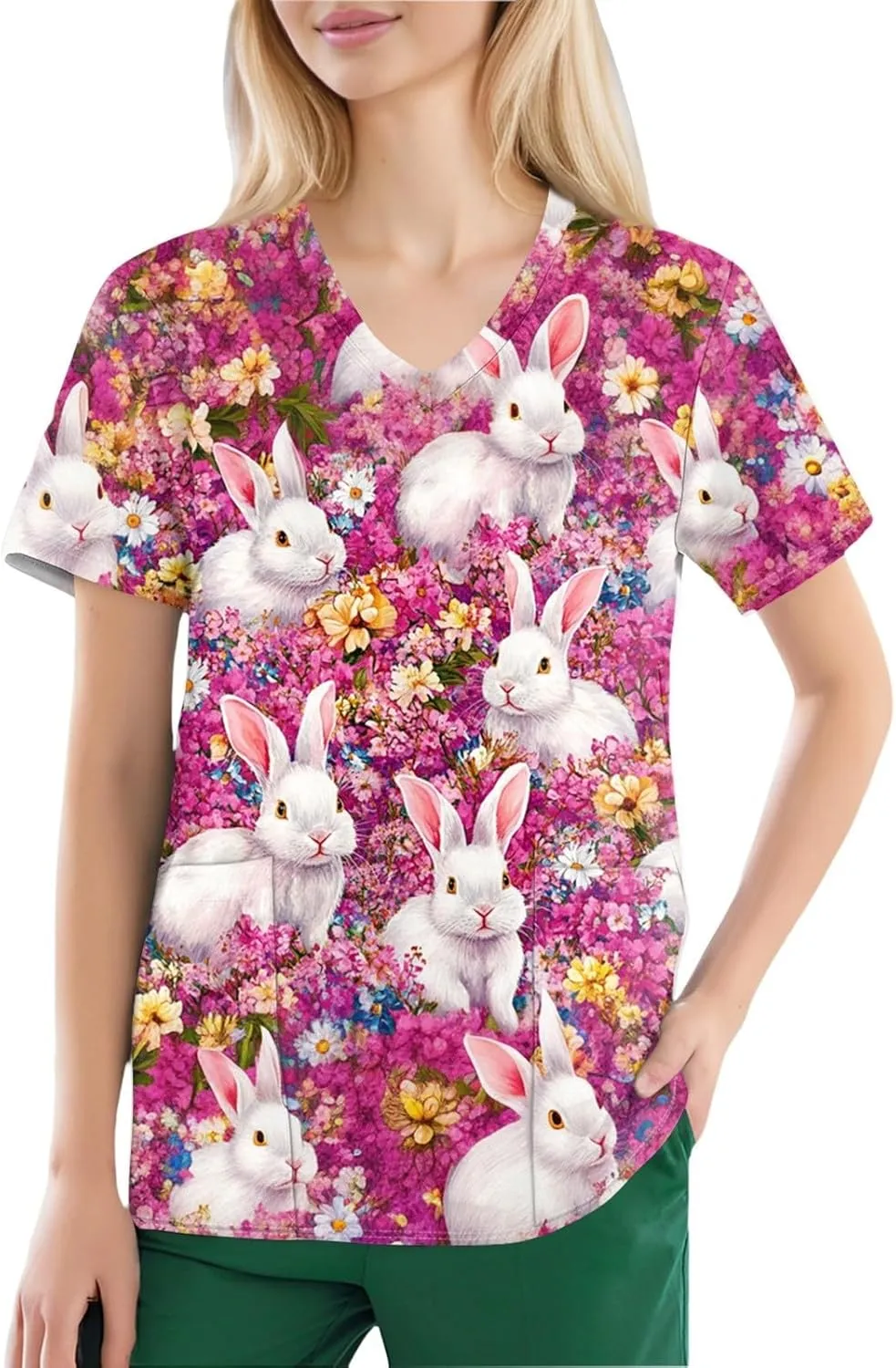 Cute Easter Day Scrub T Shirts for Women Short Sleeve Bunny Egg Print Holiday Tees Medical Working Nurse Uniform Tops