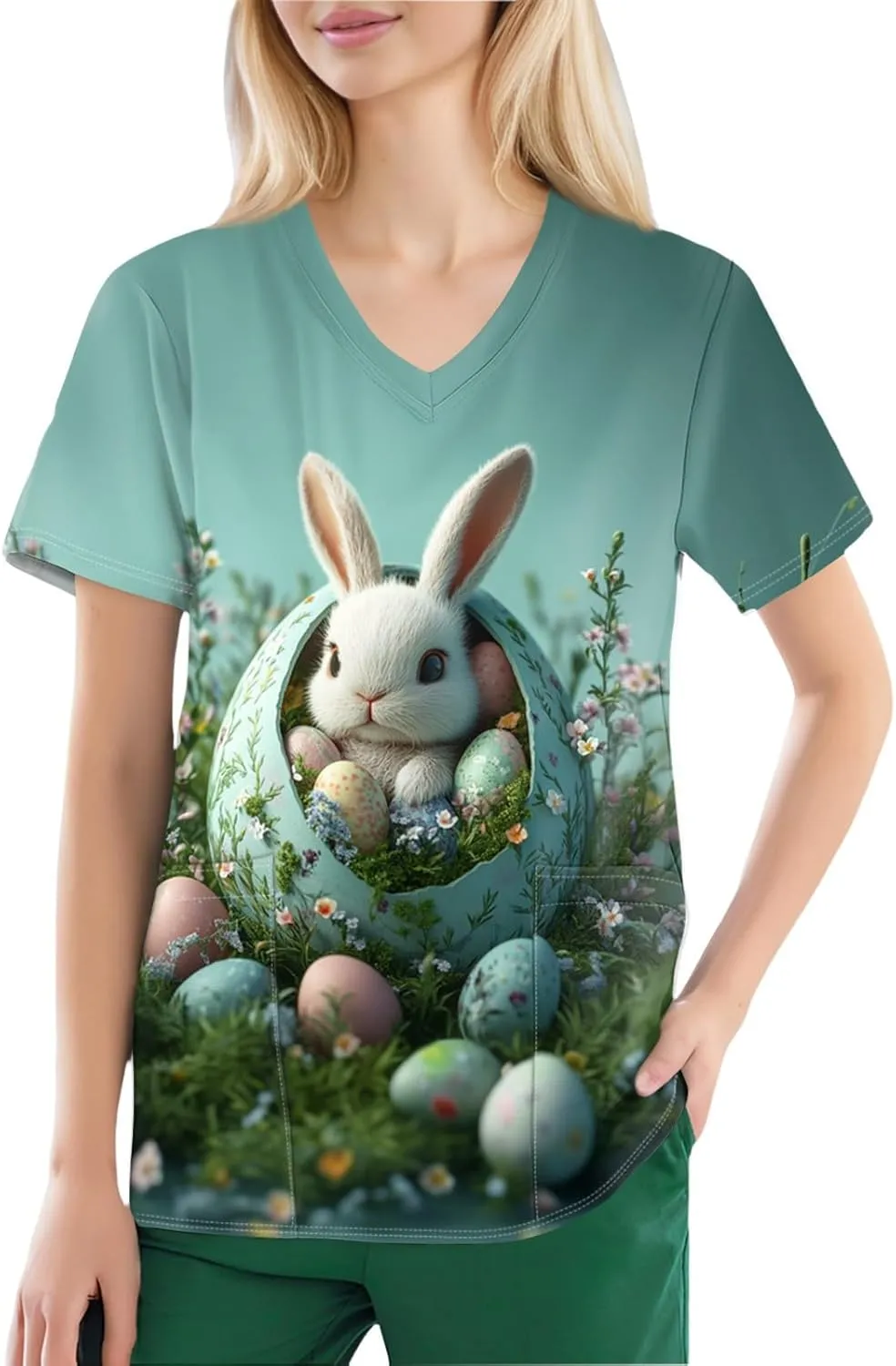 Cute Easter Day Scrub T Shirts for Women Short Sleeve Bunny Egg Print Holiday Tees Medical Working Nurse Uniform Tops