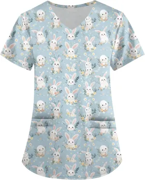 Cute Easter Day Scrub T Shirts for Women Short Sleeve Bunny Egg Print Holiday Tees Medical Working Nurse Uniform Tops