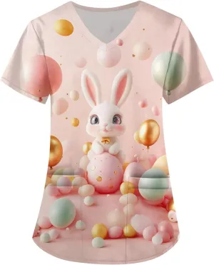 Cute Easter Day Scrub T Shirts for Women Short Sleeve Bunny Egg Print Holiday Tees Medical Working Nurse Uniform Tops