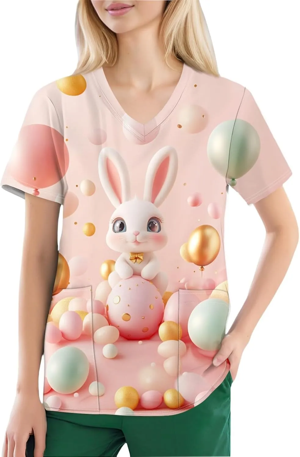 Cute Easter Day Scrub T Shirts for Women Short Sleeve Bunny Egg Print Holiday Tees Medical Working Nurse Uniform Tops