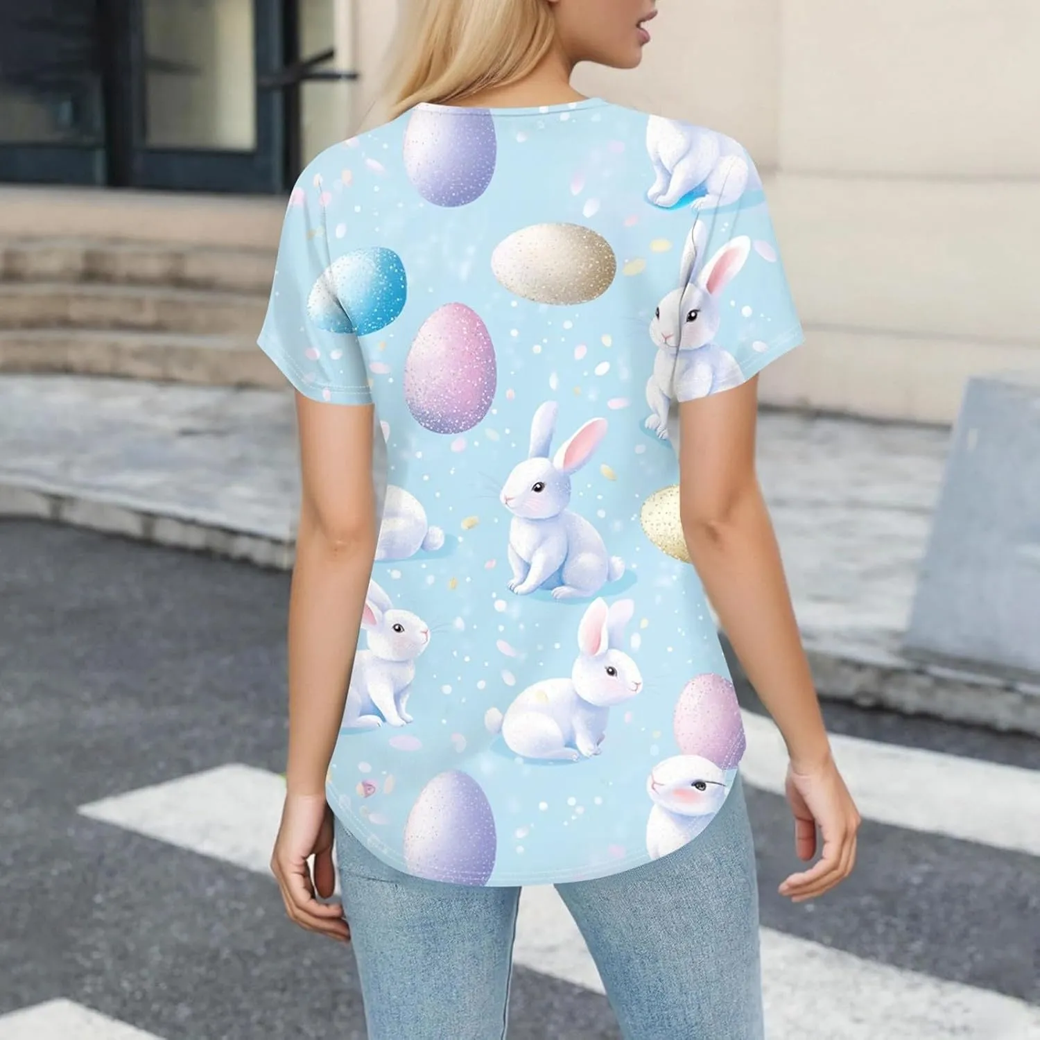 Cute Easter Day Scrub T Shirts for Women Short Sleeve Bunny Egg Print Holiday Tees Medical Working Nurse Uniform Tops