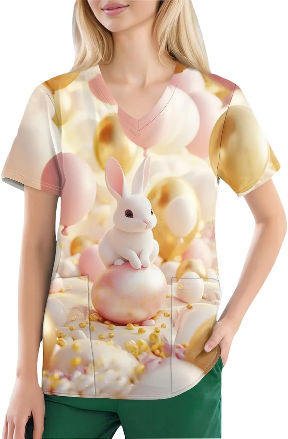 Cute Easter Day Scrub T Shirts for Women Short Sleeve Bunny Egg Print Holiday Tees Medical Working Nurse Uniform Tops