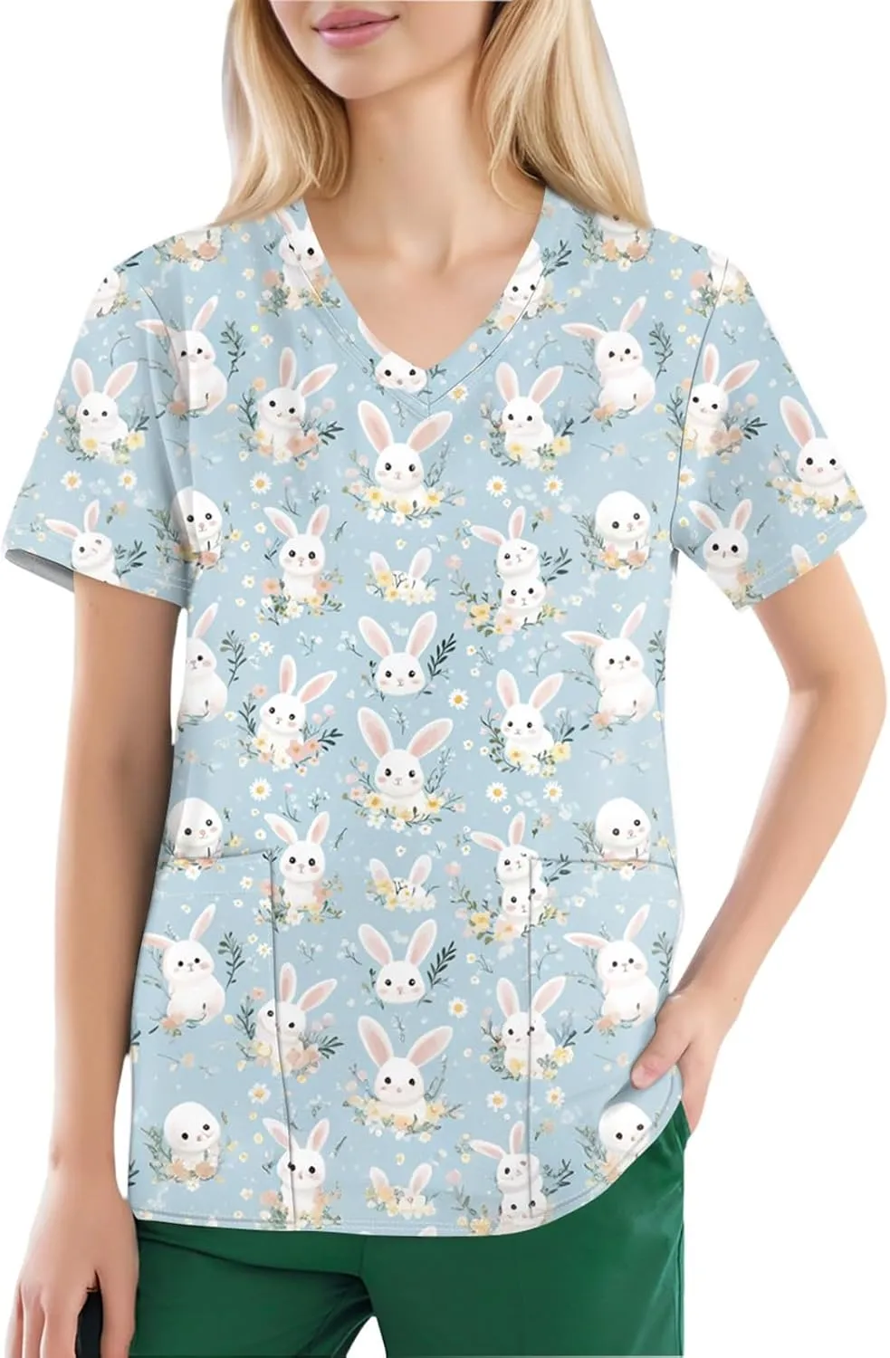 Cute Easter Day Scrub T Shirts for Women Short Sleeve Bunny Egg Print Holiday Tees Medical Working Nurse Uniform Tops