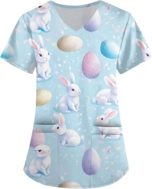 Cute Easter Day Scrub T Shirts for Women Short Sleeve Bunny Egg Print Holiday Tees Medical Working Nurse Uniform Tops