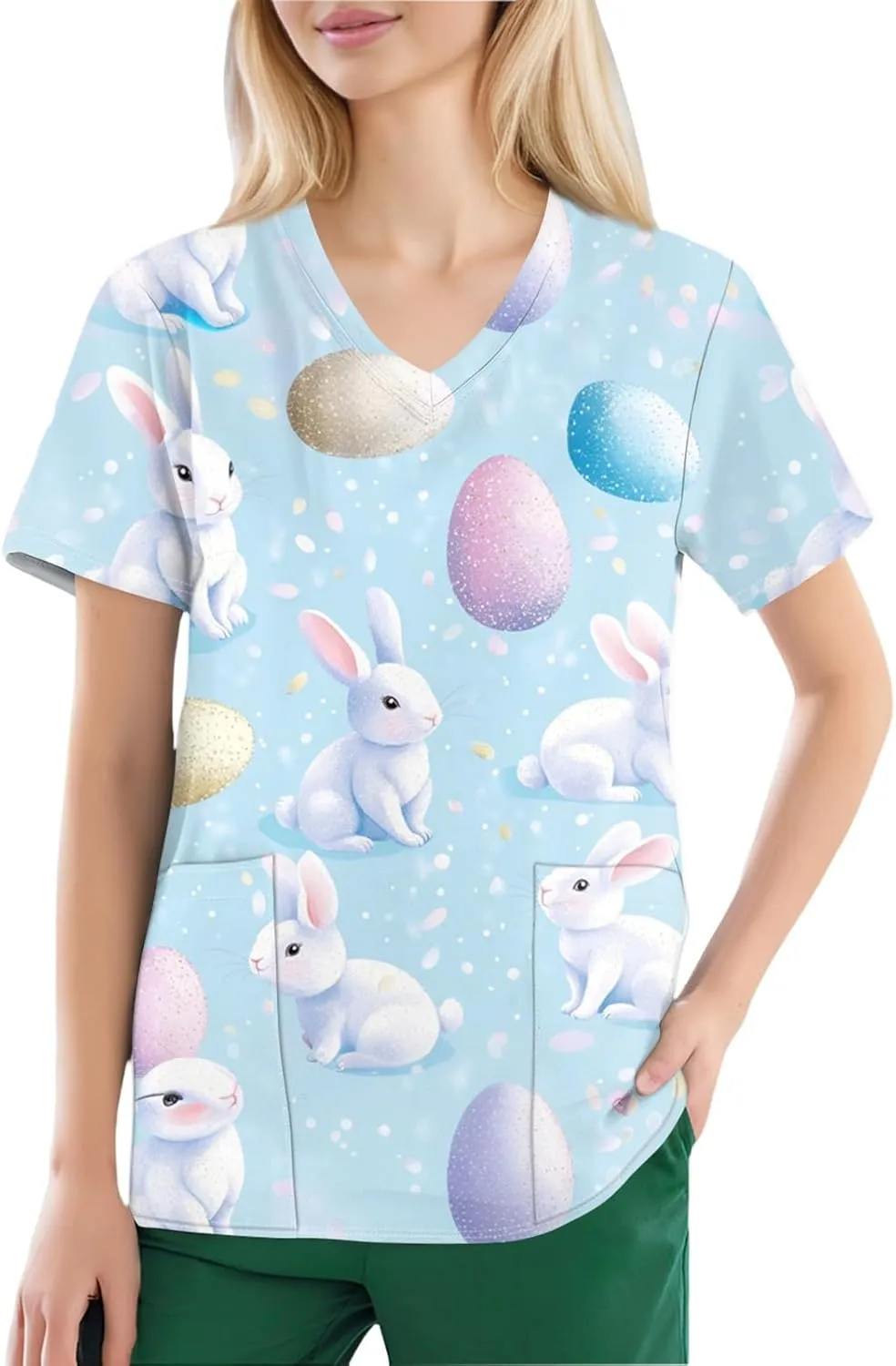 Cute Easter Day Scrub T Shirts for Women Short Sleeve Bunny Egg Print Holiday Tees Medical Working Nurse Uniform Tops