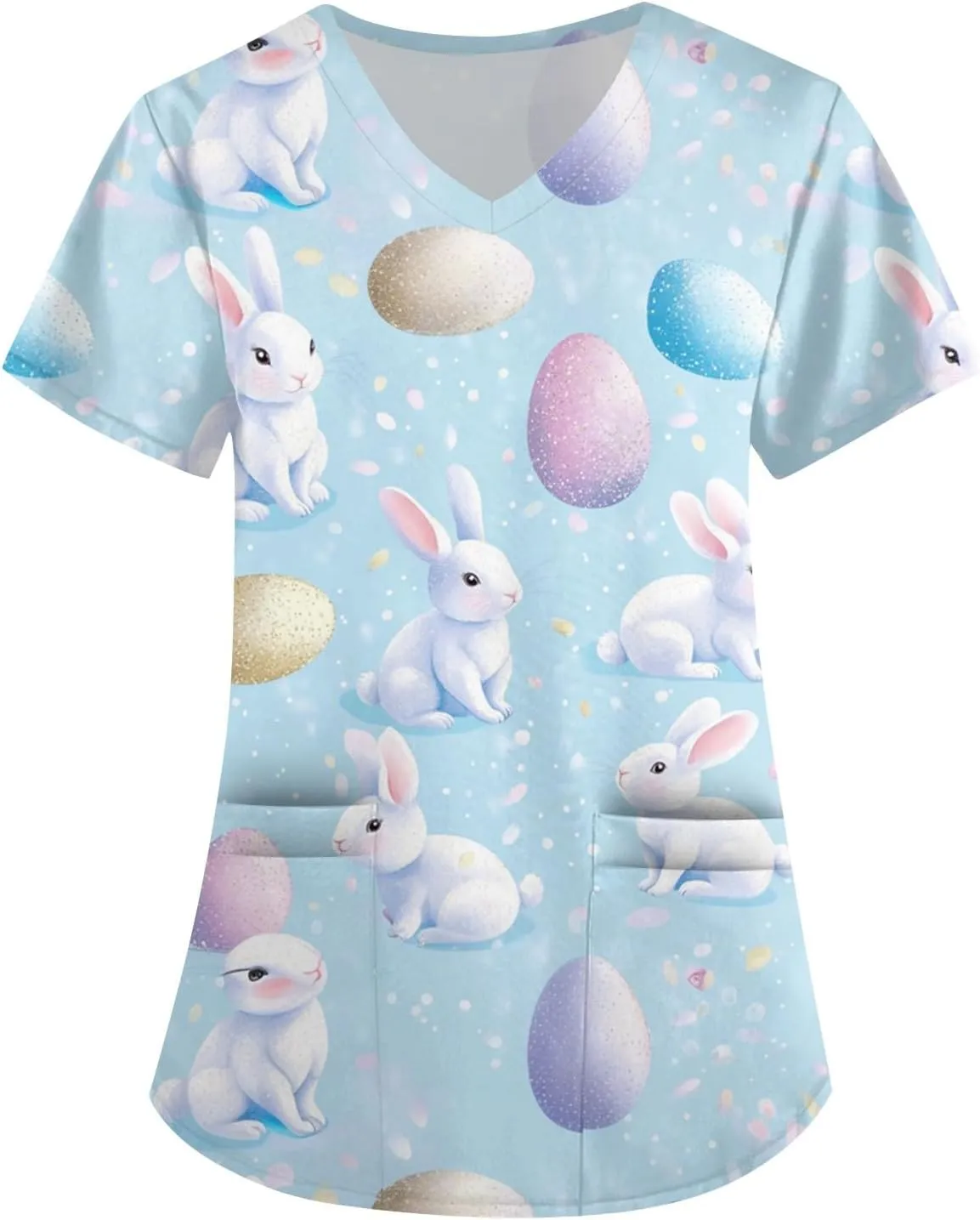 Cute Easter Day Scrub T Shirts for Women Short Sleeve Bunny Egg Print Holiday Tees Medical Working Nurse Uniform Tops