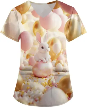 Cute Easter Day Scrub T Shirts for Women Short Sleeve Bunny Egg Print Holiday Tees Medical Working Nurse Uniform Tops