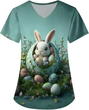 Cute Easter Day Scrub T Shirts for Women Short Sleeve Bunny Egg Print Holiday Tees Medical Working Nurse Uniform Tops
