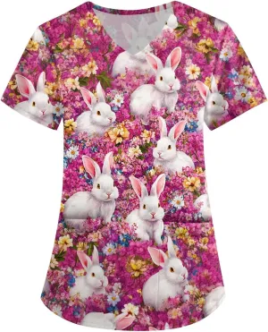 Cute Easter Day Scrub T Shirts for Women Short Sleeve Bunny Egg Print Holiday Tees Medical Working Nurse Uniform Tops