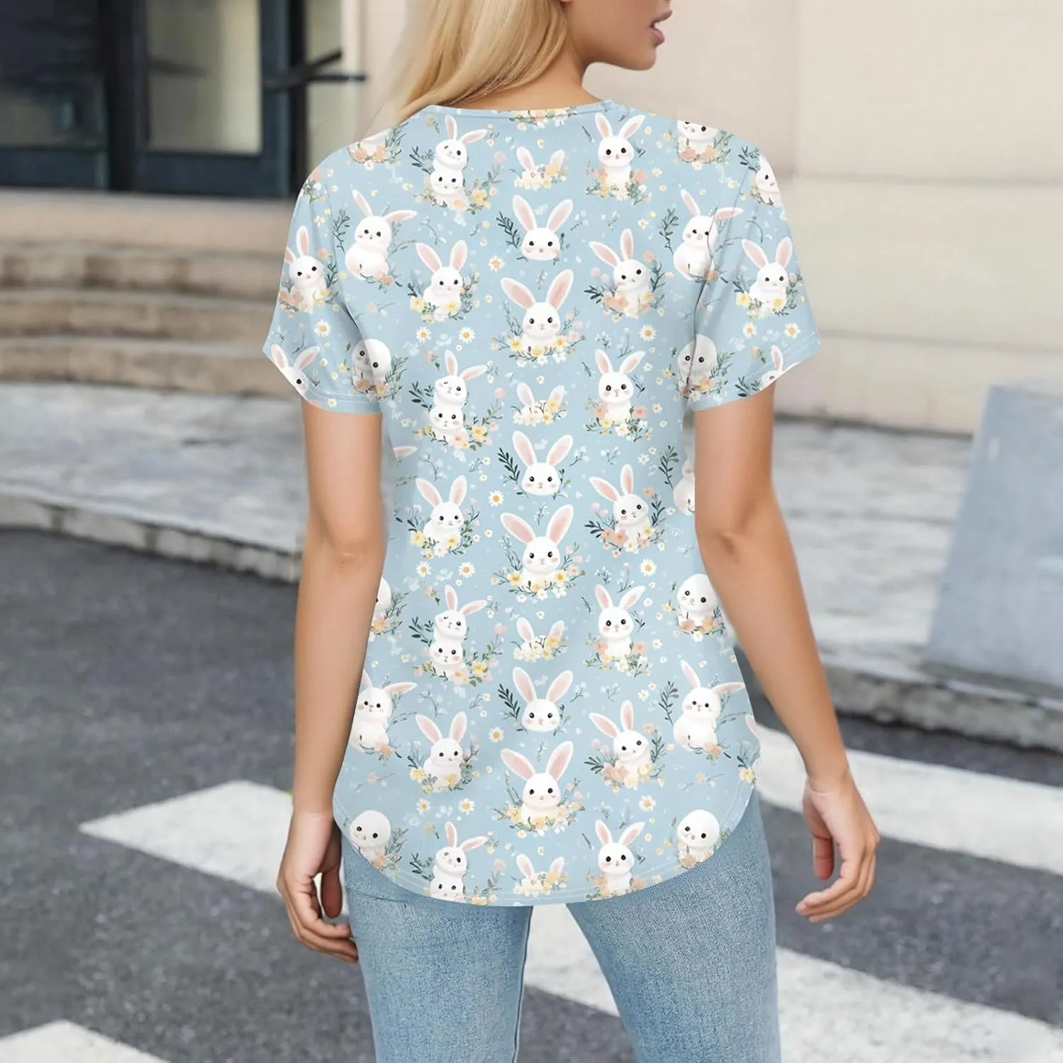 Cute Easter Day Scrub T Shirts for Women Short Sleeve Bunny Egg Print Holiday Tees Medical Working Nurse Uniform Tops