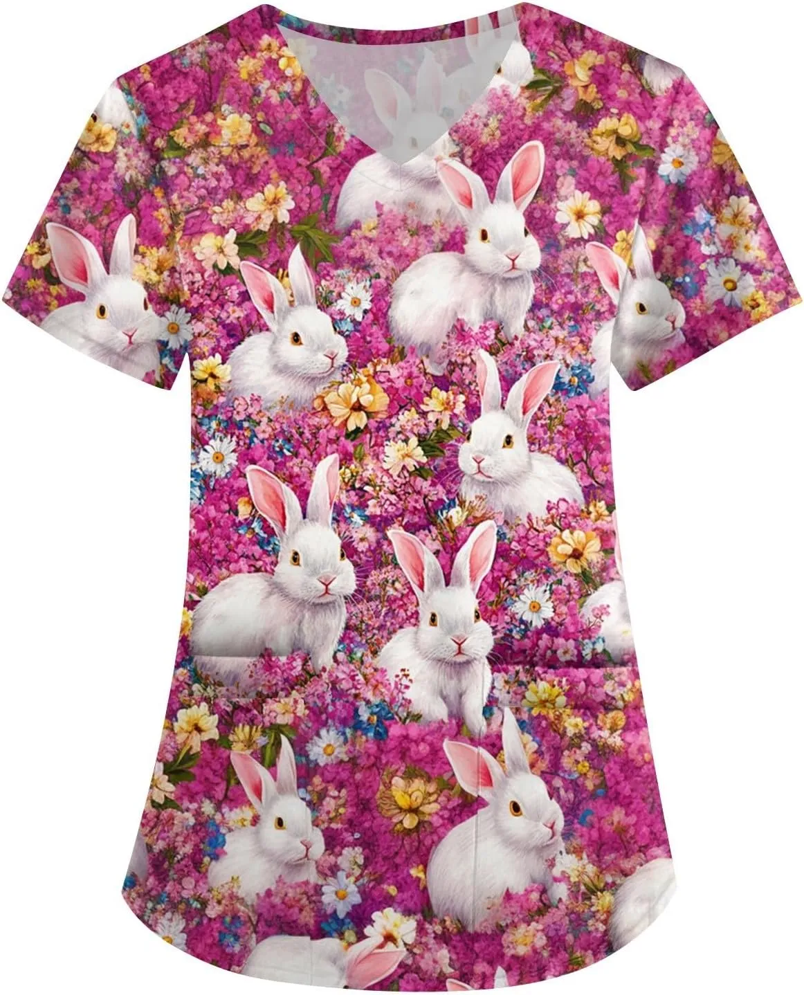 Cute Easter Day Scrub T Shirts for Women Short Sleeve Bunny Egg Print Holiday Tees Medical Working Nurse Uniform Tops