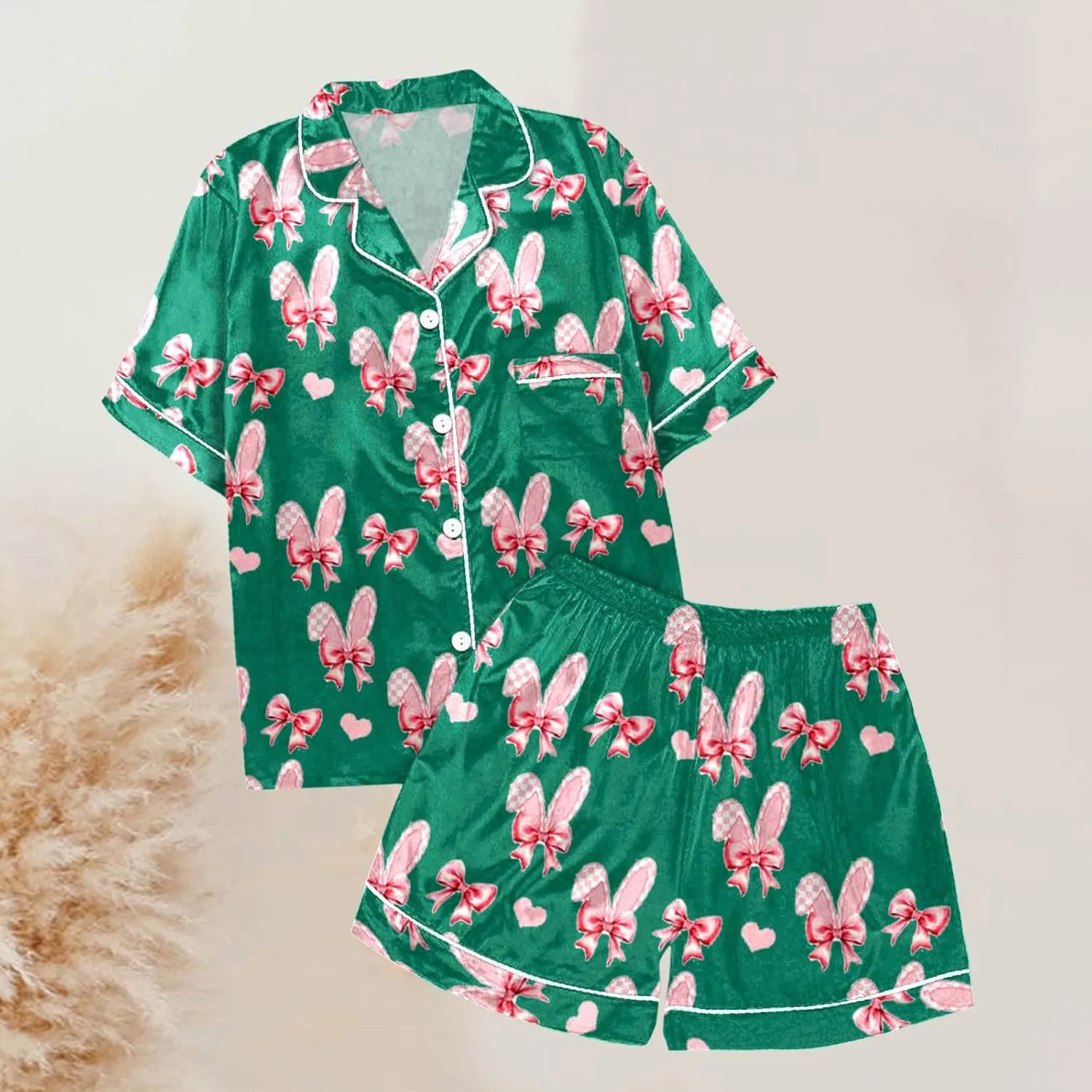 Cute Easter Pajamas Set for Women Loungewear Pajama Satin 2 Piece Lounge Outfit Short Sleeve Y2k Preppy Sets