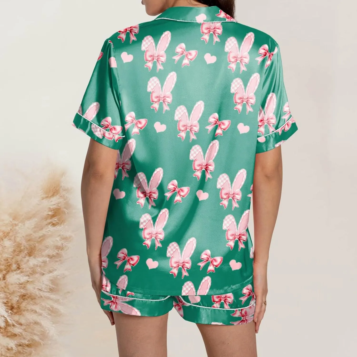 Cute Easter Pajamas Set for Women Loungewear Pajama Satin 2 Piece Lounge Outfit Short Sleeve Y2k Preppy Sets