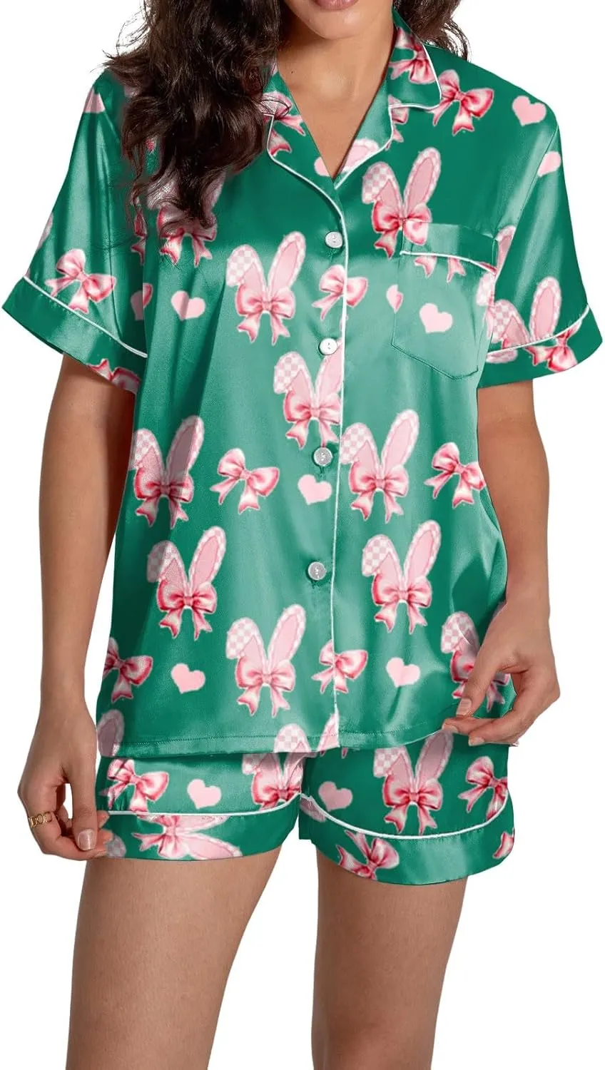 Cute Easter Pajamas Set for Women Loungewear Pajama Satin 2 Piece Lounge Outfit Short Sleeve Y2k Preppy Sets