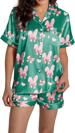 Cute Easter Pajamas Set for Women Loungewear Pajama Satin 2 Piece Lounge Outfit Short Sleeve Y2k Preppy Sets