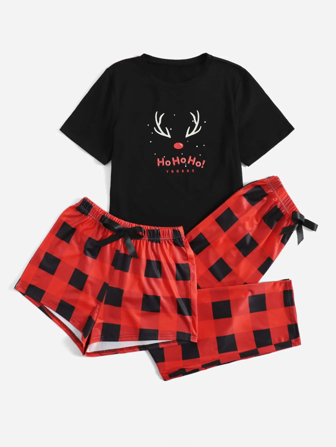Cute Gingham Tie Front Short Sleeve Round Neck Women Pajama Sets