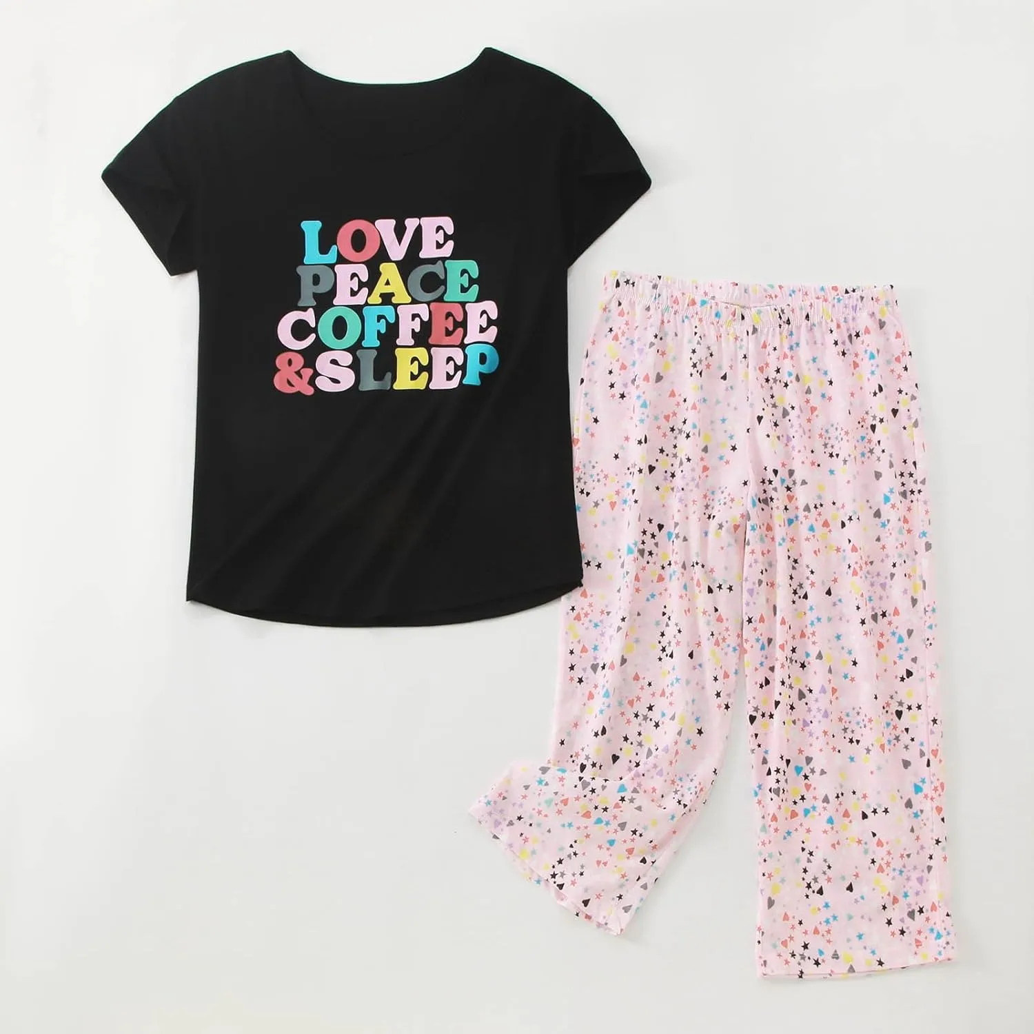 Cute Pajama Set for Women 2 Piece Print Lounge Set Soft Short Sleeve Pjs Capri Pants Sleepwear Casual Loungewear Set
