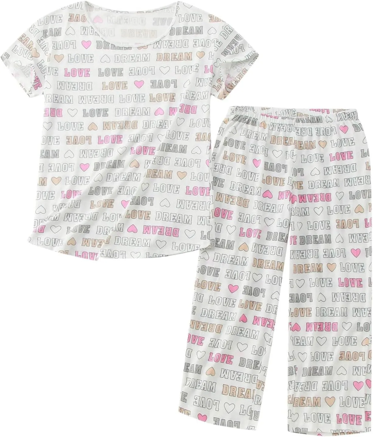 Cute Pajama Set for Women 2 Piece Print Lounge Set Soft Short Sleeve Pjs Capri Pants Sleepwear Casual Loungewear Set