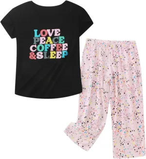 Cute Pajama Set for Women 2 Piece Print Lounge Set Soft Short Sleeve Pjs Capri Pants Sleepwear Casual Loungewear Set