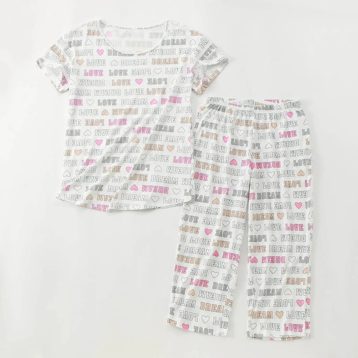 Cute Pajama Set for Women 2 Piece Print Lounge Set Soft Short Sleeve Pjs Capri Pants Sleepwear Casual Loungewear Set