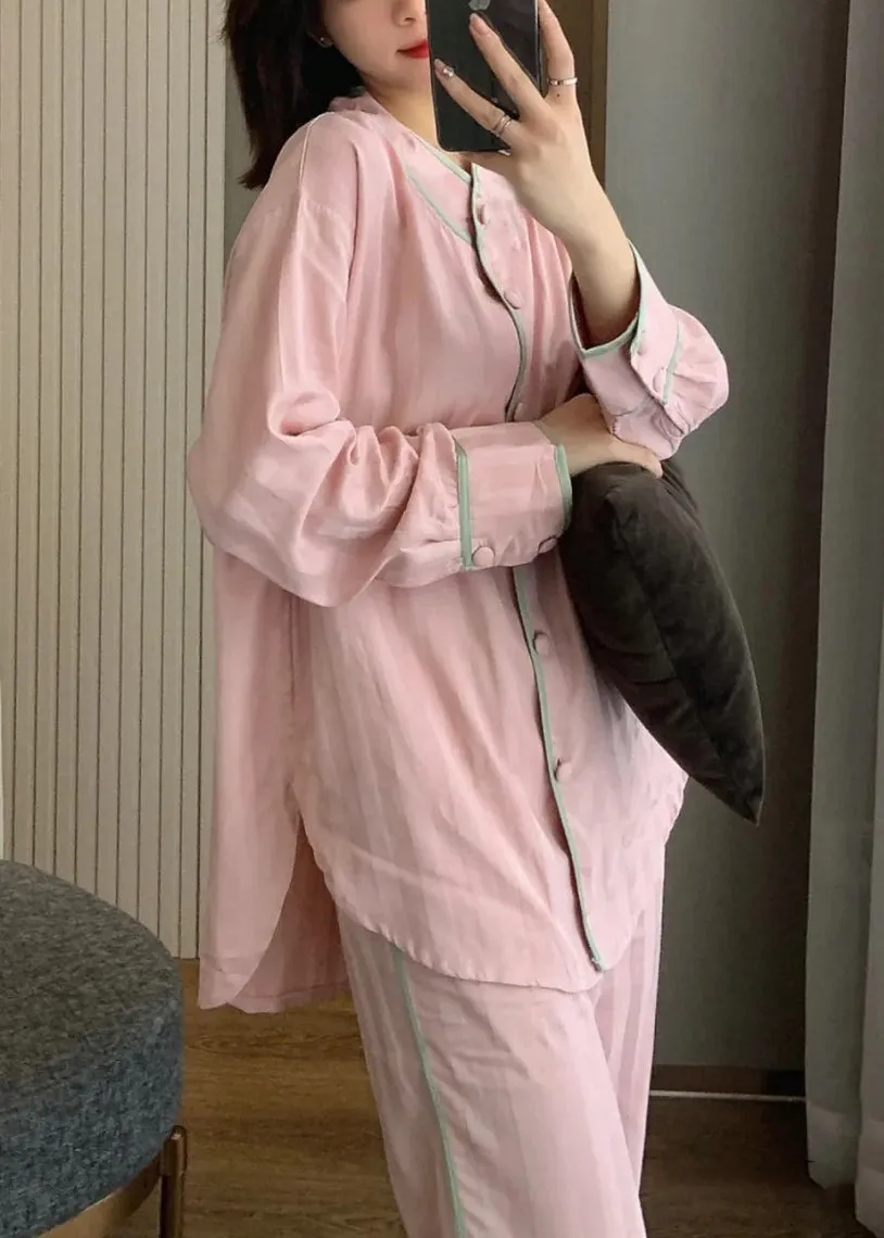Cute Pink O-Neck Button Side Open Solid Ice Silk Pajamas Two Pieces Set Spring TO1046