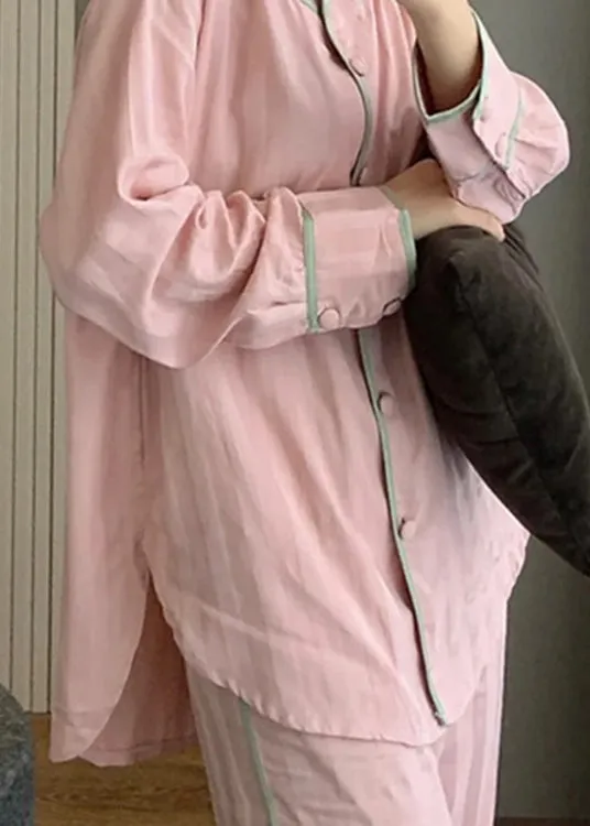 Cute Pink O-Neck Button Side Open Solid Ice Silk Pajamas Two Pieces Set Spring TO1046
