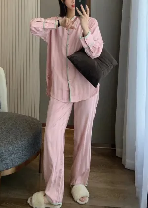 Cute Pink O-Neck Button Side Open Solid Ice Silk Pajamas Two Pieces Set Spring TO1046