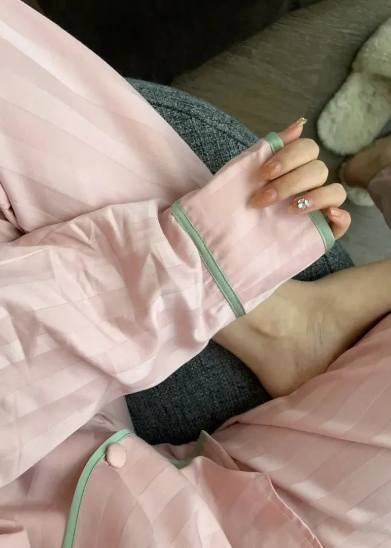 Cute Pink O-Neck Button Side Open Solid Ice Silk Pajamas Two Pieces Set Spring TO1046