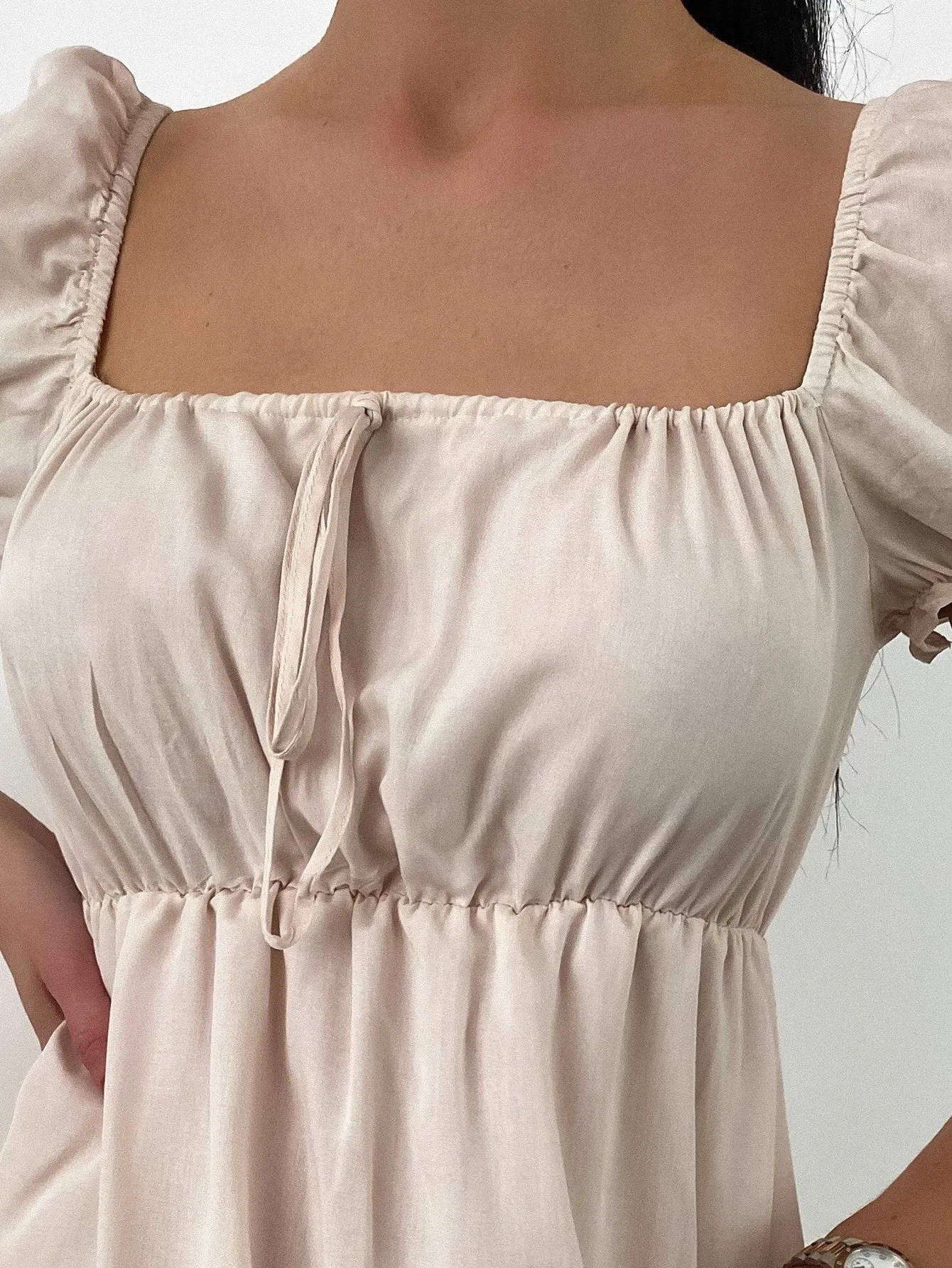 Cute Plain Tie Front Short Sleeve Square Neck Women Sleepshirts