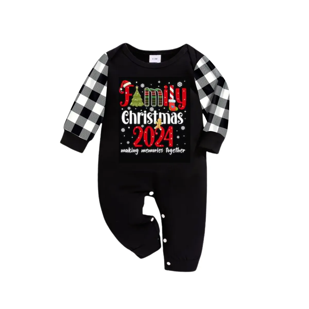 Cute "Family Christmas 2024" Text Print Black and White Plaid Family Matching Pajamas