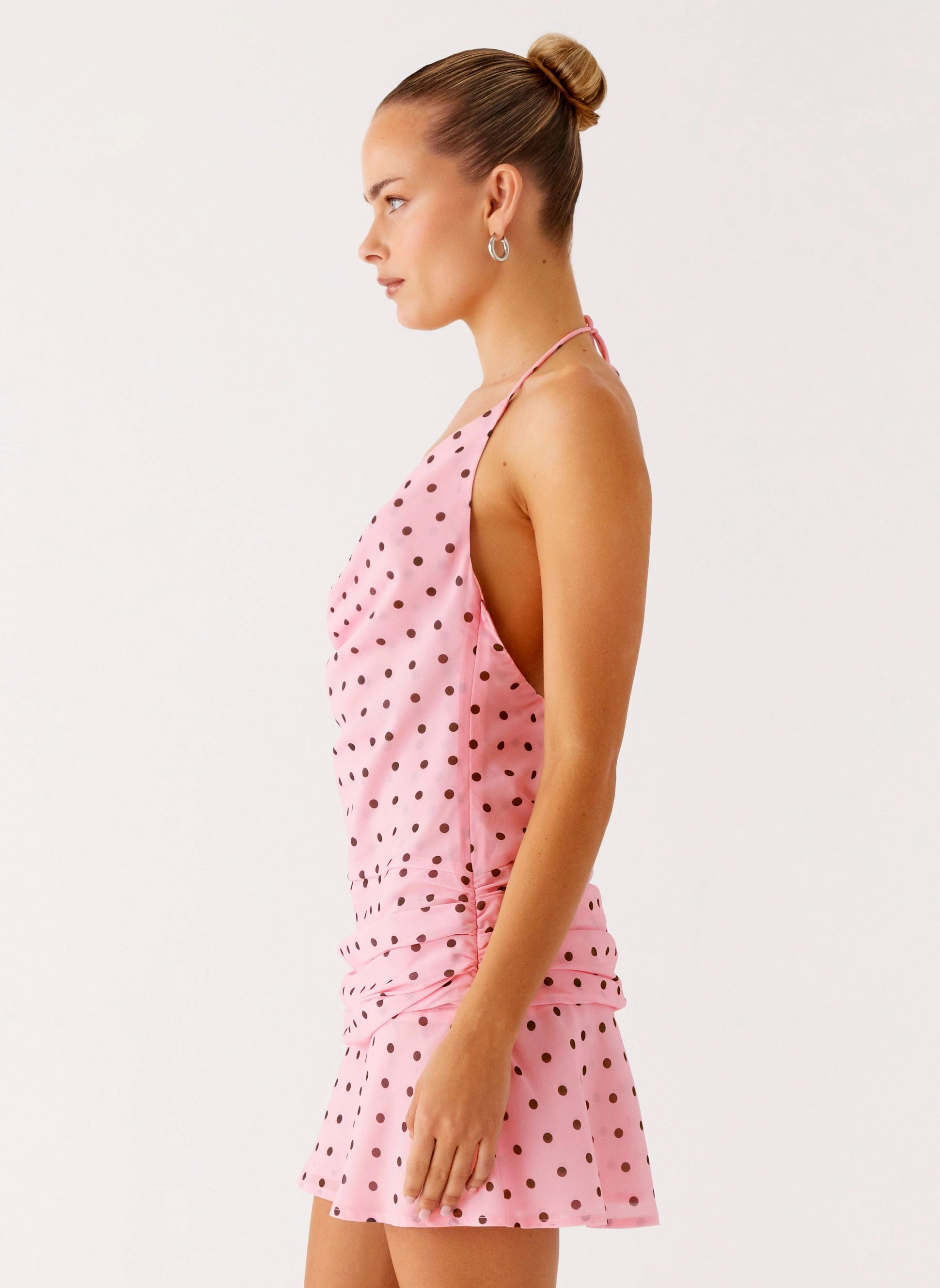 Cyna Cowl Mini Dress - Strawberry Dot Layered-Look Skin Touch