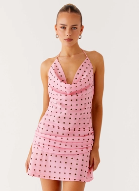 French Vibe Cyna Cowl Mini Dress - Strawberry Dot