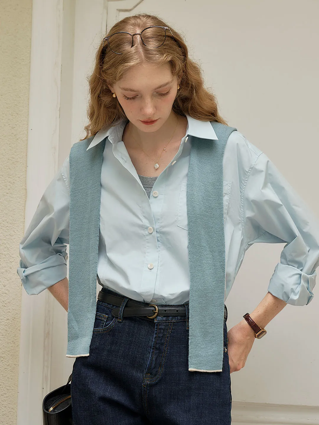 HighNeckline Cynthia Classic LOGO Embroidered Slit Cotton Light Blue Shirt