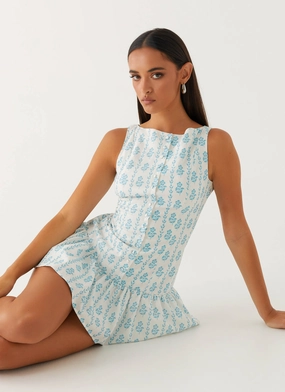 Push Button Closure Meggie Linen Mini Dress - Sweet Daydream Print