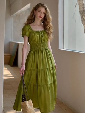 RibbedTrims Hydrophobic Threadwork Dakota Round Neck Pleated Puff Sleeves Lyocell Dress NoFade Color Retention