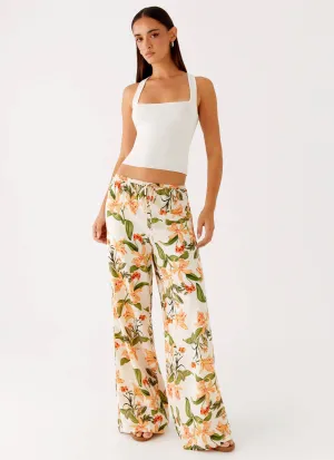 Dalida Linen Pants - Floral Print Soft Texture