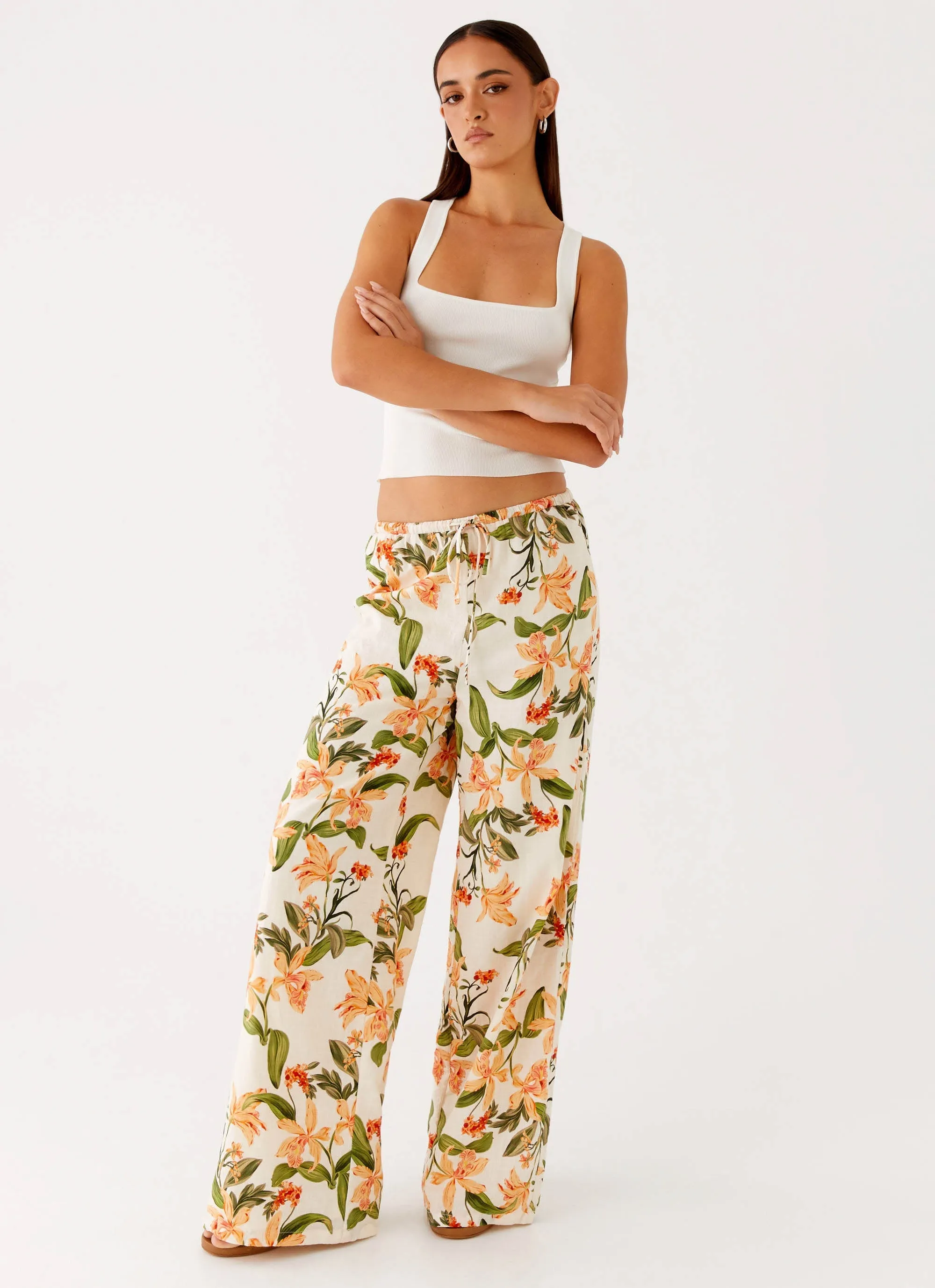 Dalida Linen Pants - Floral Print Pocket Reinforcement Flexible Fit