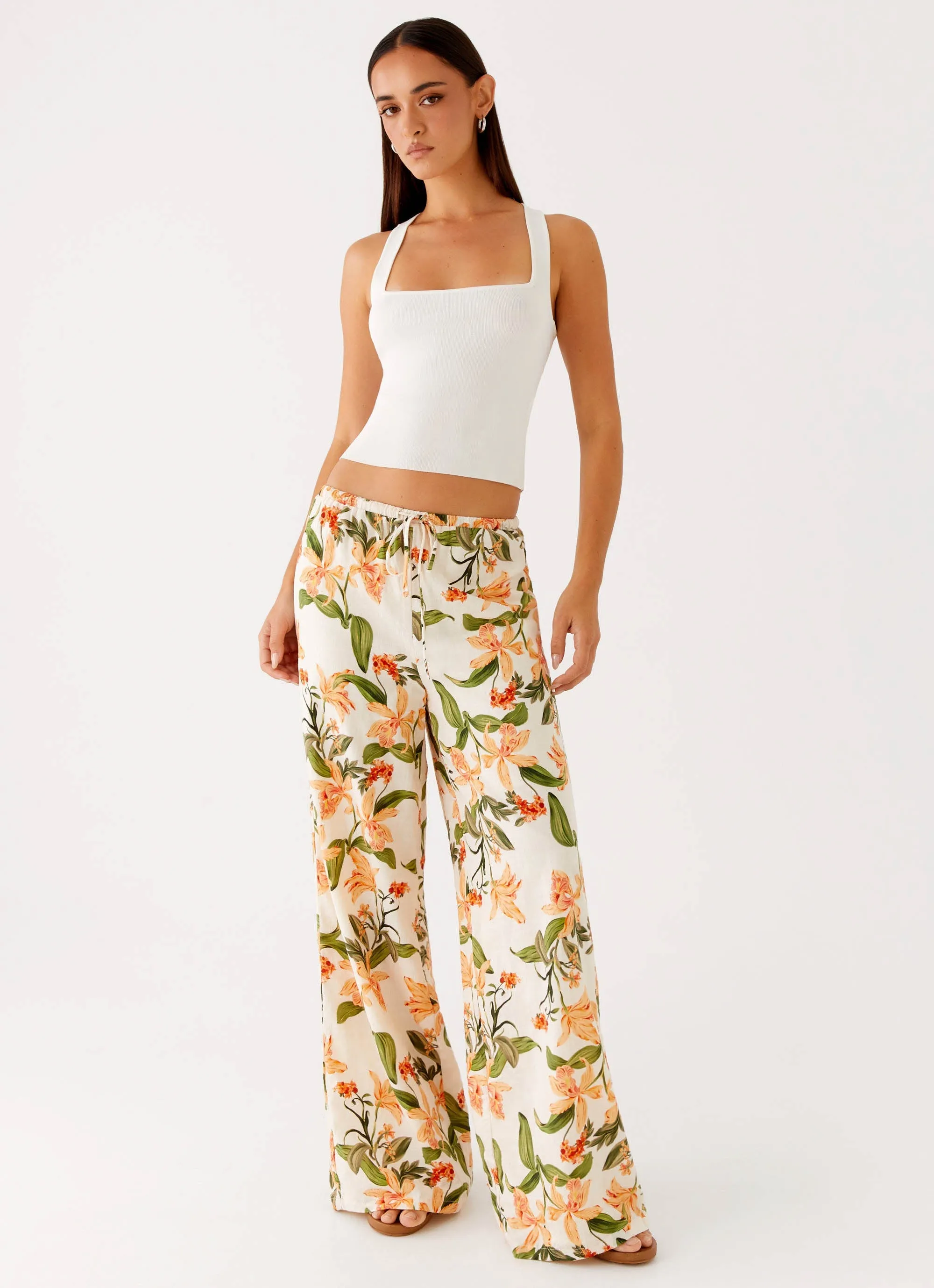 Dalida Linen Pants - Floral Print Soft Texture