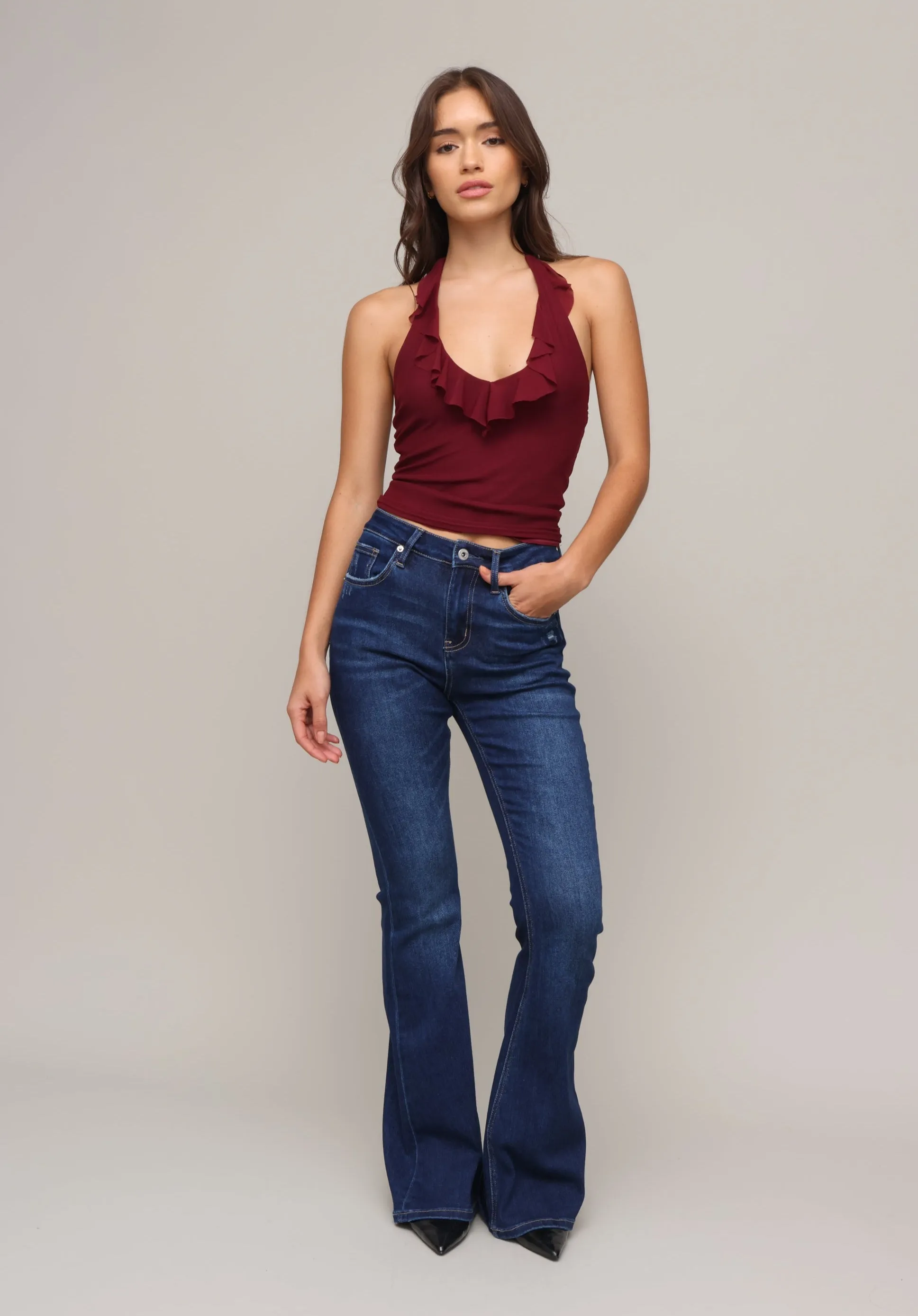 Dana Ruffle Halter Rolled Hem Finish Ventilation Panel