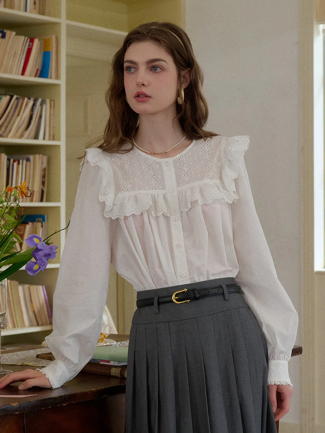 Danna Round Neck Lace Trim Blouse HiddenVentilationPockets