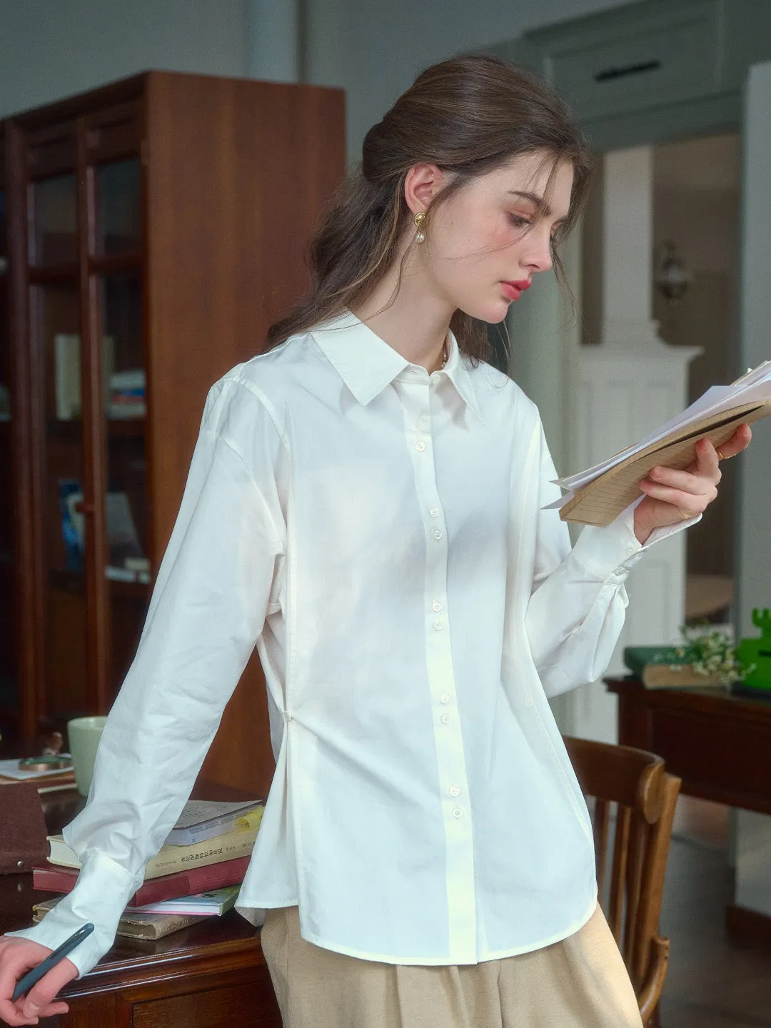 AntiMicrobialLining Daphne Simple Lapel Waist Blouse - White