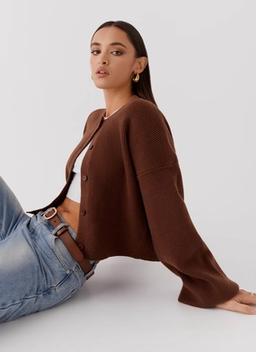 Daphne Knit Cardigan - Chocolate Soft Shell Material Bonded Closure Mechanism