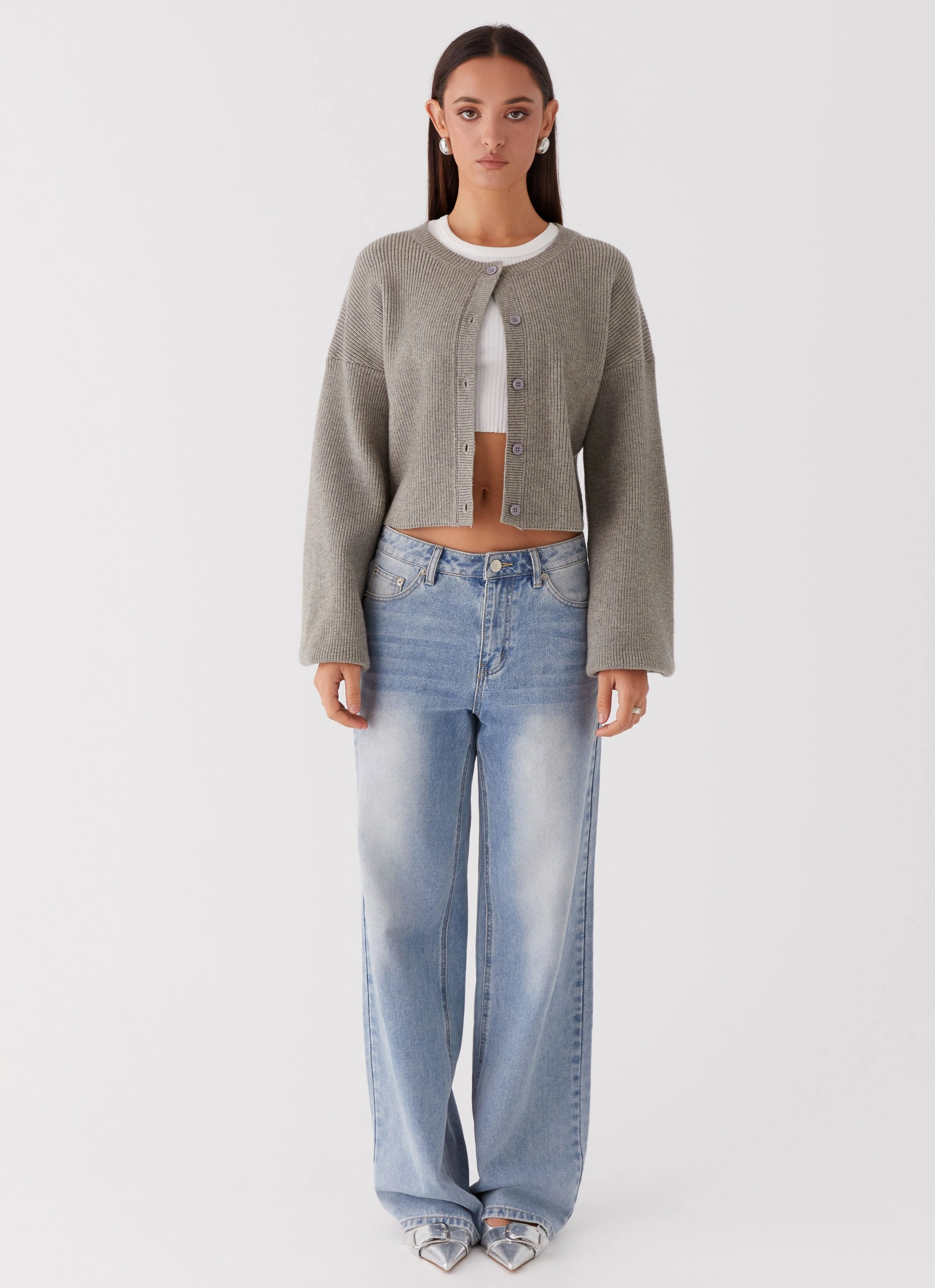 Daphne Knit Cardigan - Light Grey Stand Collar
